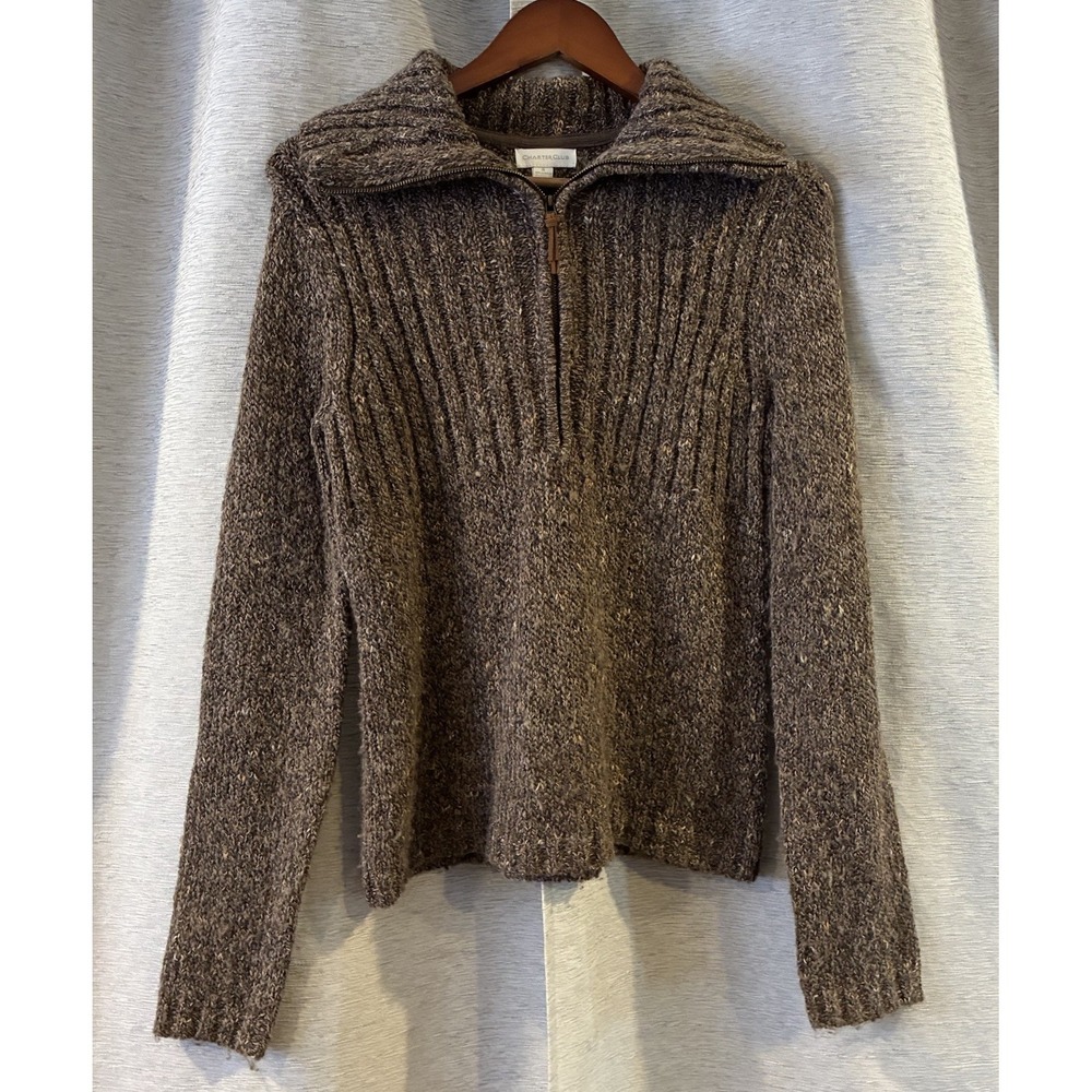 Charter Club Sweater Women's Small Flecked Yarn Knit Quarter Zip‎ Cabincore Ski